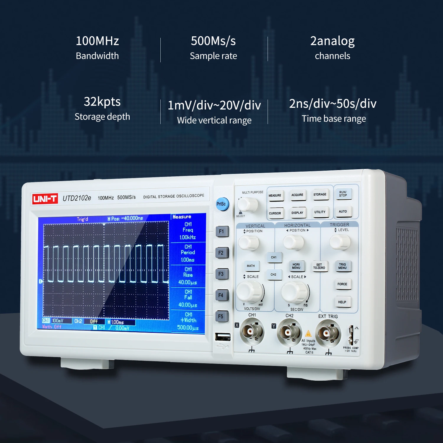UNI-T UTD2102e цифровой осциллограф 100 МГц логический анализатор пропускная способность 2 канала 500 мс/с Портативный " TFT lcd Scopemeter