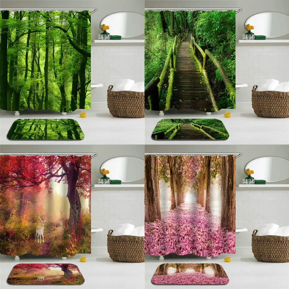 2pcs Set Green Forest Trees Scenery Shower Curtains Mat Set Bathroom Waterproof Cloth Non Slip Mat Toilet Bathroom Home Decor Shower Curtains Aliexpress