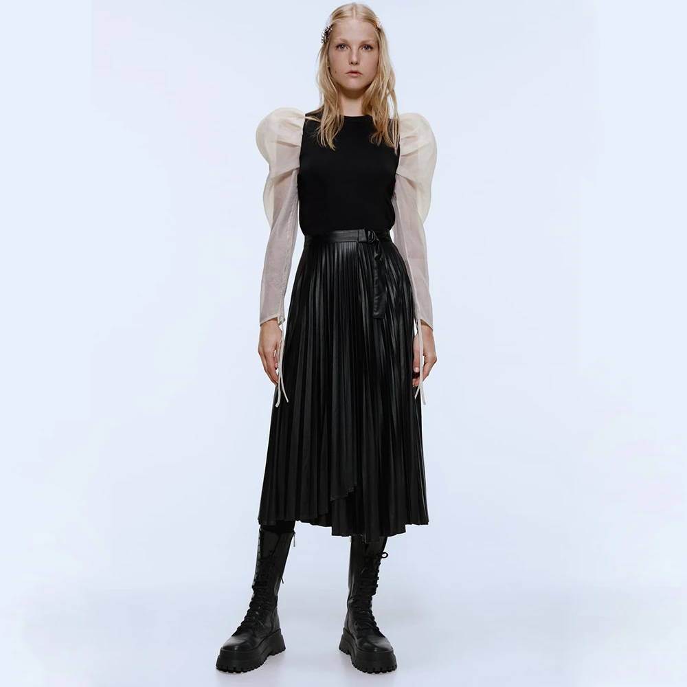 Ladyfirsy ZA PU юбки осень зима для женщин Очаровательная плиссированная кожаная юбка высокая талия эластичная талия a-линия длинная юбка