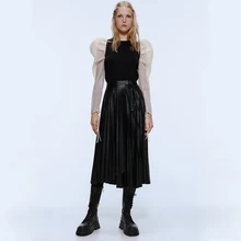 Ladyfirsy ZA PU юбки осень зима для женщин Очаровательная плиссированная кожаная юбка высокая талия эластичная талия a-линия длинная юбка