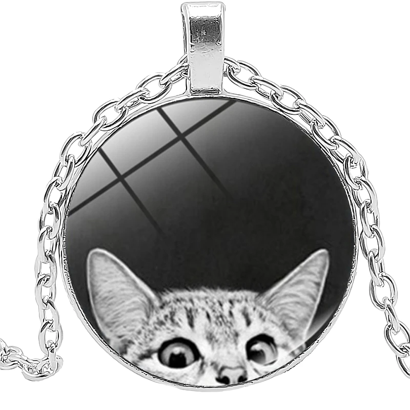 

New Jewelry Statement Necklace Cute Cat Creative Time Glass Convex Round Pendant Necklace Children's Gift