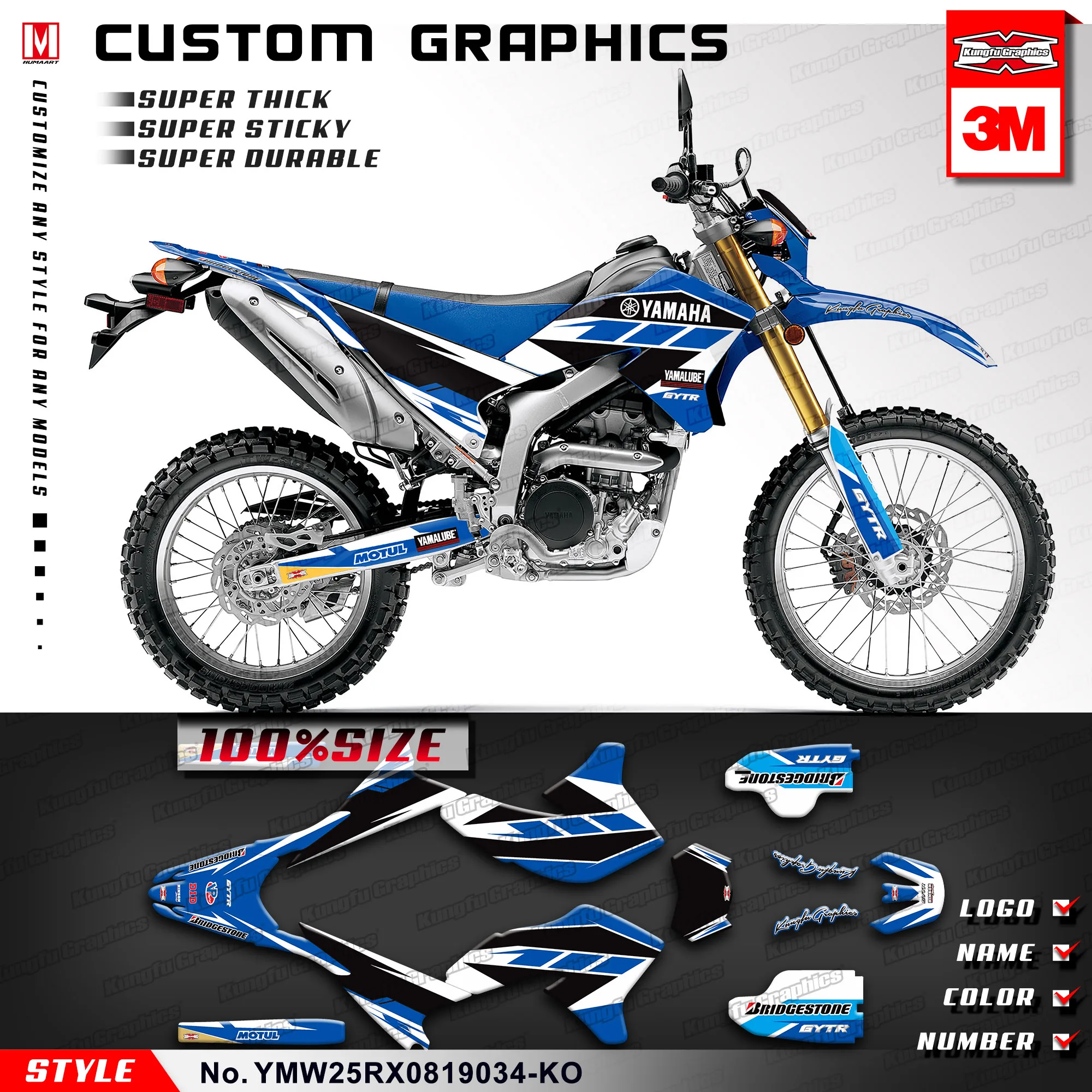 KUNGFU графика большая наклейка на заказ обёрточная бумага комплект для Yamaha WR250R WR250X WR 250R 250X2008 до синий(Стиль № YMW25RX0819034-KO