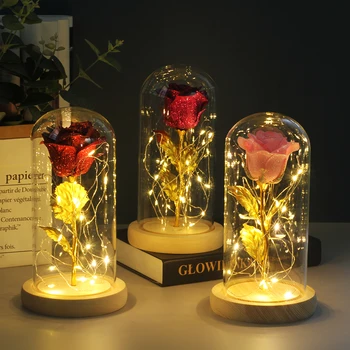 

Christmas Home Decor Ornaments Beauty And Beast Eternal Rose Artificial Flowers In Glass Cover For Valentine's Day New Year Gift