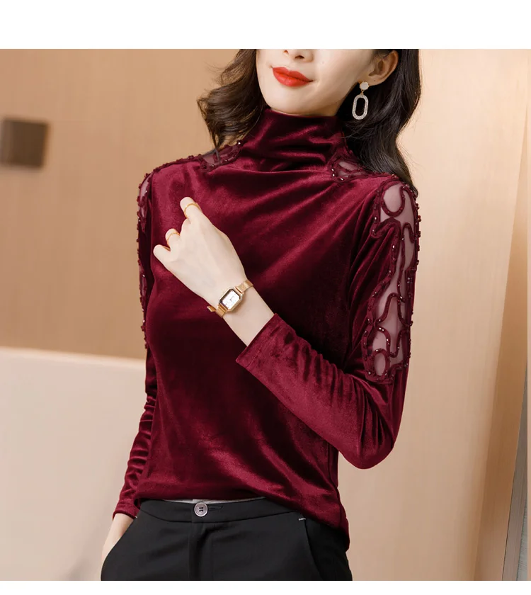 New 2020 Autumn winter woman tshirts Korean fashion slim high neck velvet t-shirt embroidered long sleeve bottoming shirt