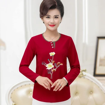 

Embroidery T-Shirts For Women Spring Fall New Plus Size Mother Clothing Female Long Sleeves Tee Shirt Femme O-neck Pullover Top