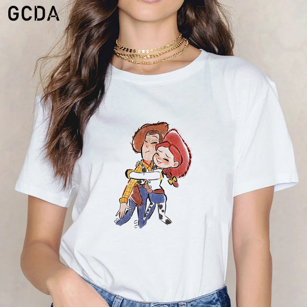 Harajuku dibujo animado Toy Story vaquera Jessie abrazos vaquero Woody imprimir camiseta Mujer Tops de verano dulce niñas Casual Streetwear Tee