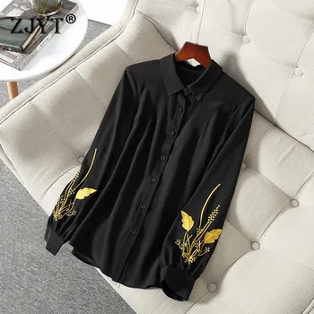 

High Quality 100% Real Silk Embroidery Blouse and Shirts Women Runway Fashion Long Sleeve Office Spring Blouse Womens Tops Blusa