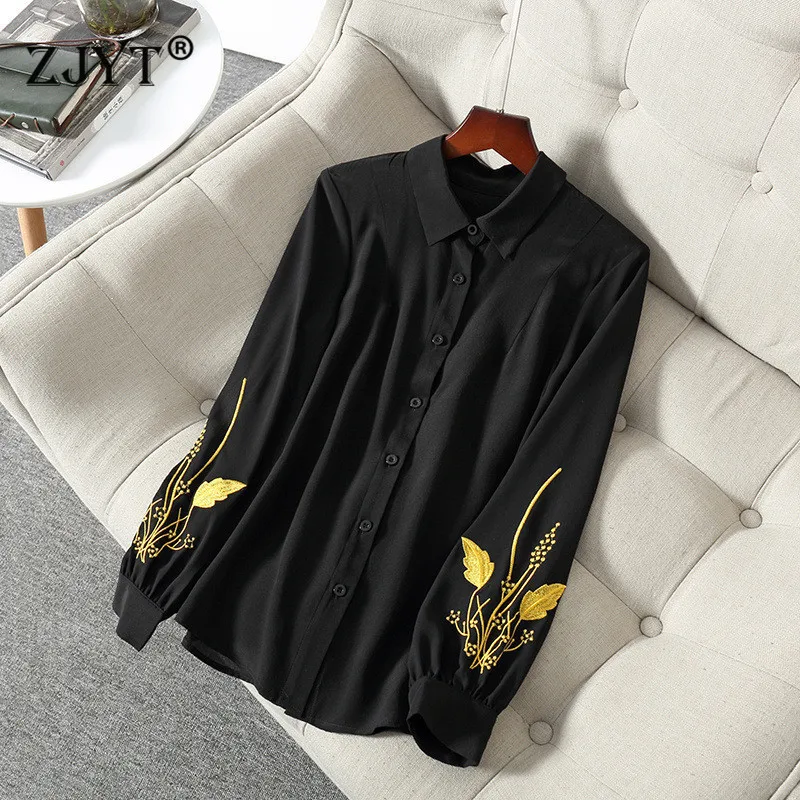  High Quality 100% Real Silk Embroidery Blouse and Shirts Women Runway Fashion Long Sleeve Office Sp