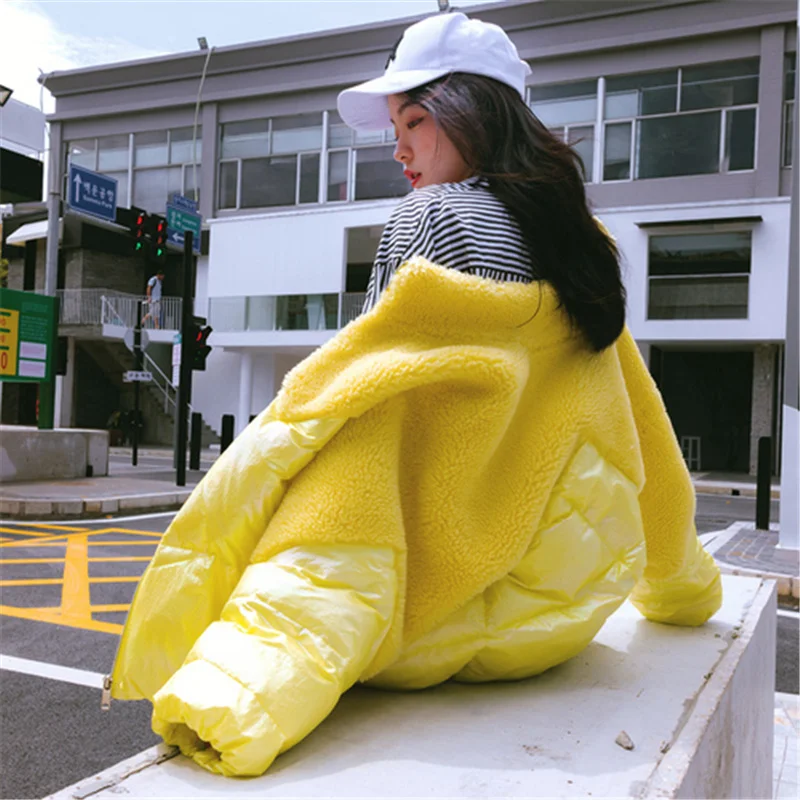 Korean Elegant Lamb Wool Patchwork Winter Coat Women Sweet Preppy Style Girl Jacket Fashion Bright Color Short Parkas | Женская одежда