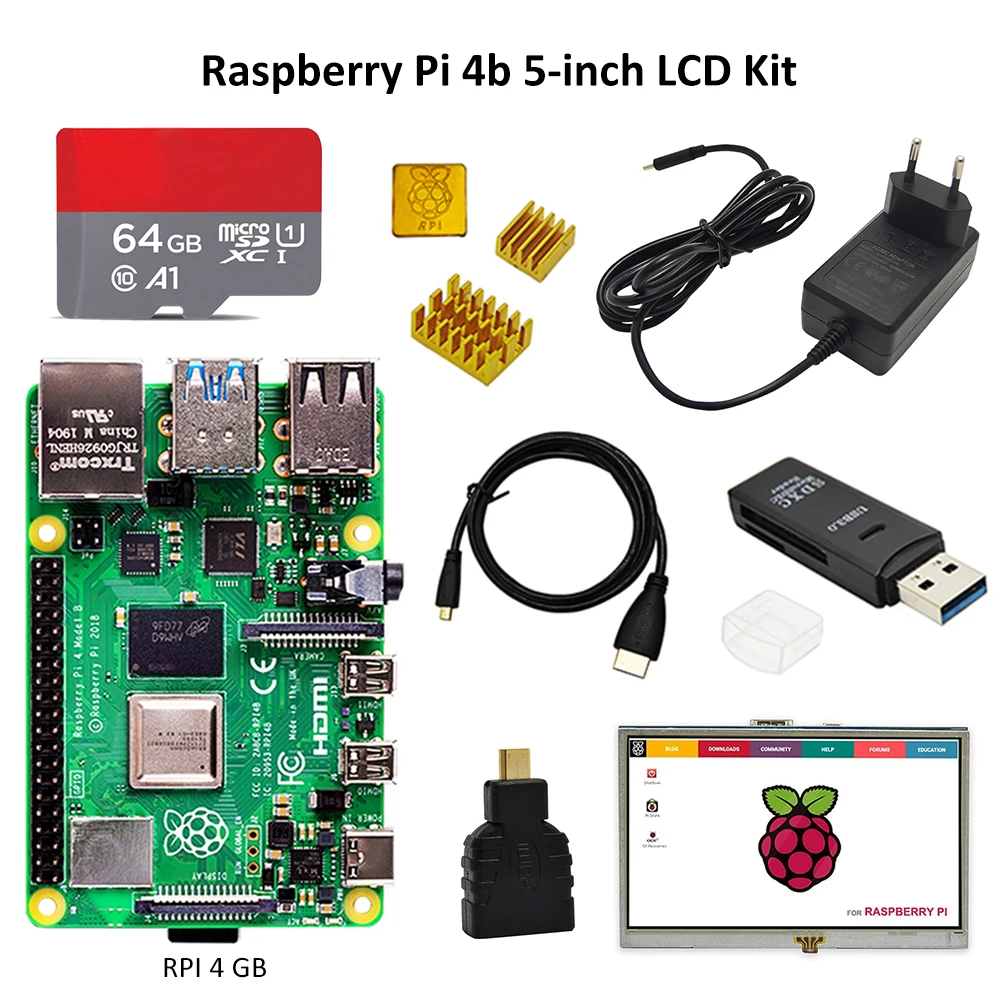 Raspberry Pi 4 набор с дисплеем PI 4B 2 ГБ/4 ГБ: плата + радиатор адаптер питания карта TF 16/32/64 ГБ кабель HDMI сенсорный