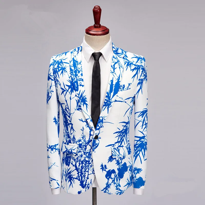 PYJTRL Tide мужской модный синий бамбуковый принт повседневный костюм куртка костюм Homme Botones Terno Мужской Блейзер Masculino Slim Fit наряд - Цвет: flat collar