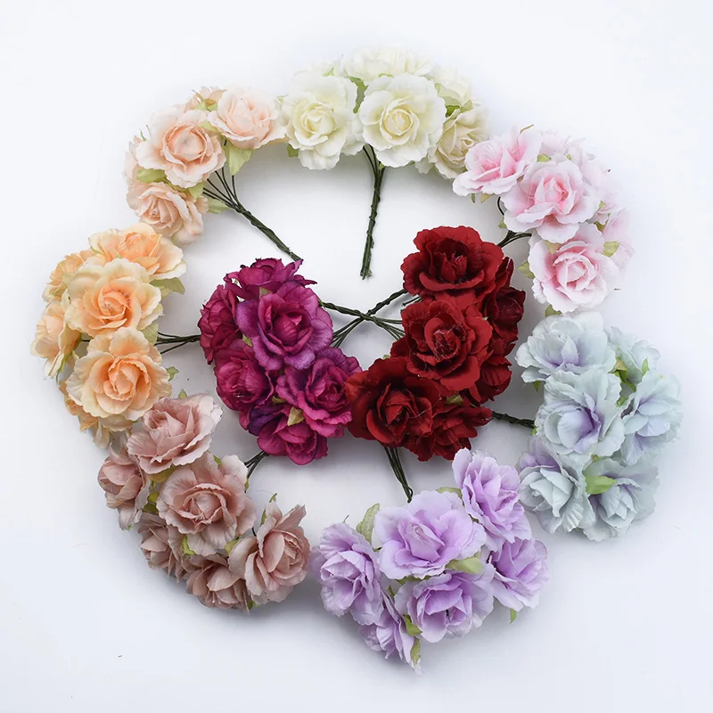 

6pcs Silk roses bouquet Wedding home decor accessories diy gifts box Christmas garland scrapbooking artificial flowers cheap