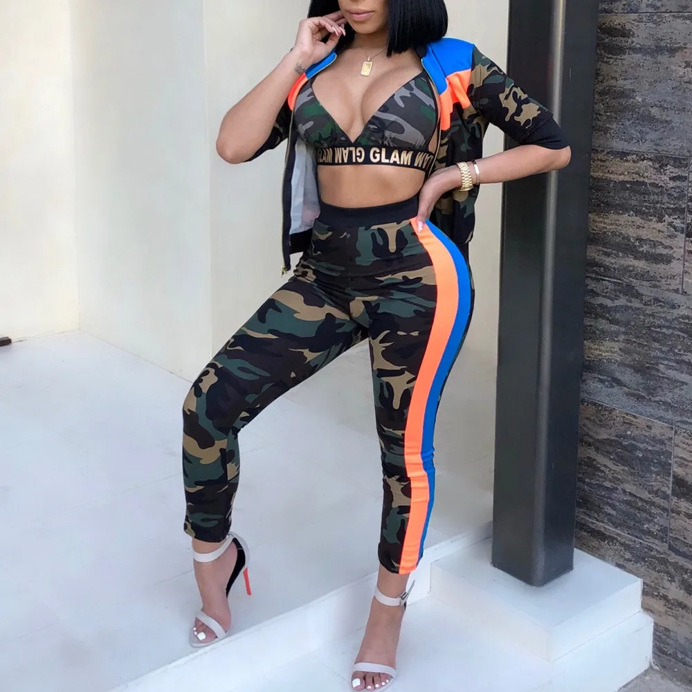 

2019 Women two piece set Zipper Camouflage Stripe Tops Loose Coat Long Pants Three Piece Suit Set Vintage Tracksuit Outfit #725