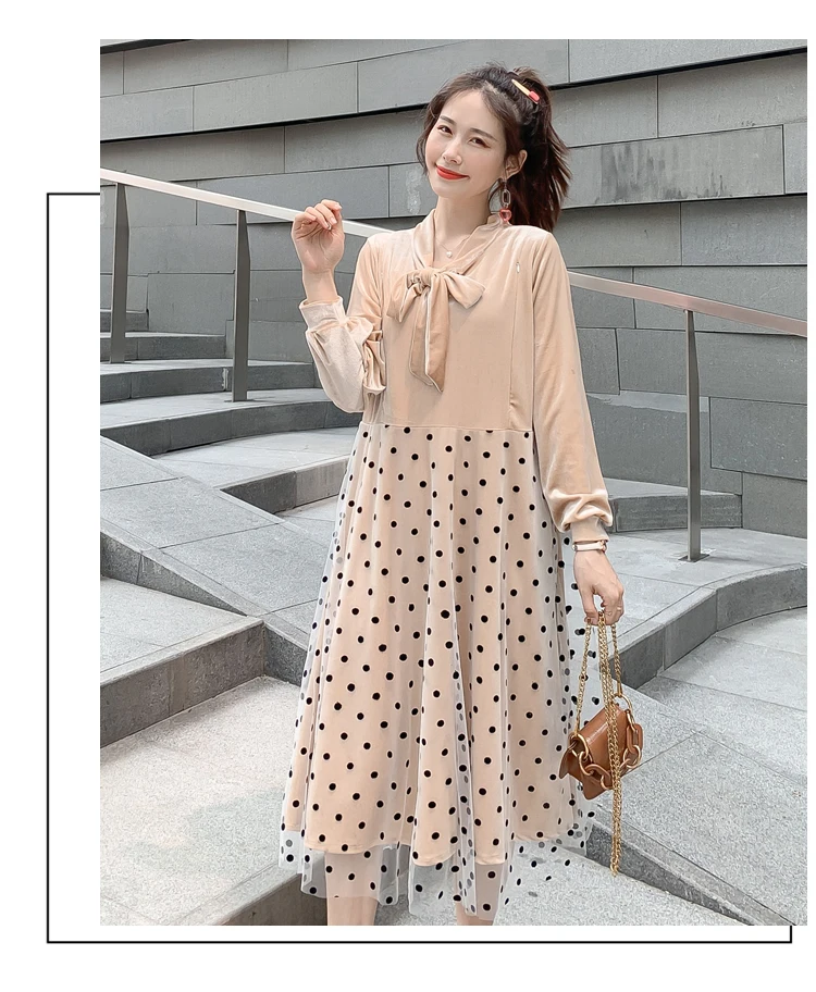 619# велюровое длинное платье в горошек с принтом для беременных Осенняя корейская модная одежда для беременных женщин