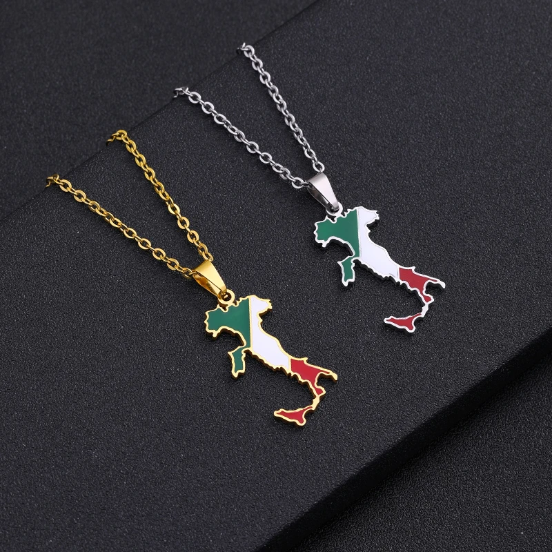 

Enamel Stainless Steel Italy Map Flag Pendant Necklaces Silver Color/Gold Color Italian Maps Ethnic Party Birthday Jewelry