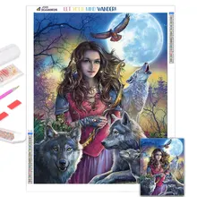 5D Diamond Painting Wolf and Girl Full Drill Diamond Mosaic Animal Embroidery Women Picure Home Decoration Art peinture diamant