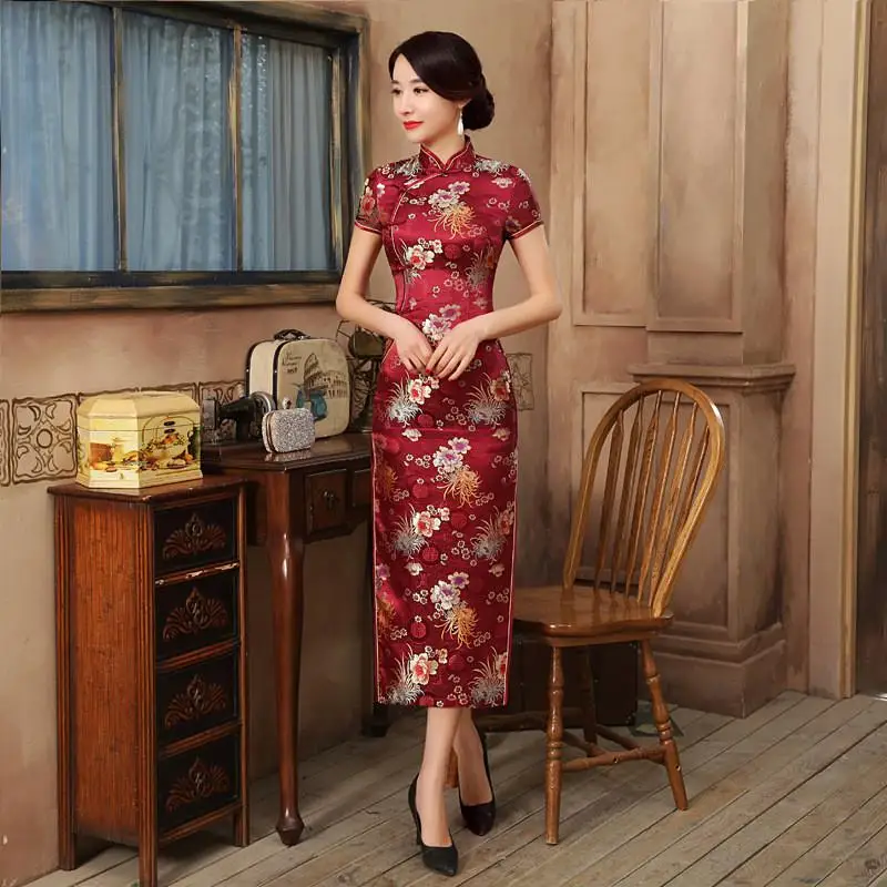 Юная леди длинный атласный Cheongsam винтаж кнопка цветок большой размер 3XL традиционные китайские платья для женщин летние новые Qipao - Цвет: Claret