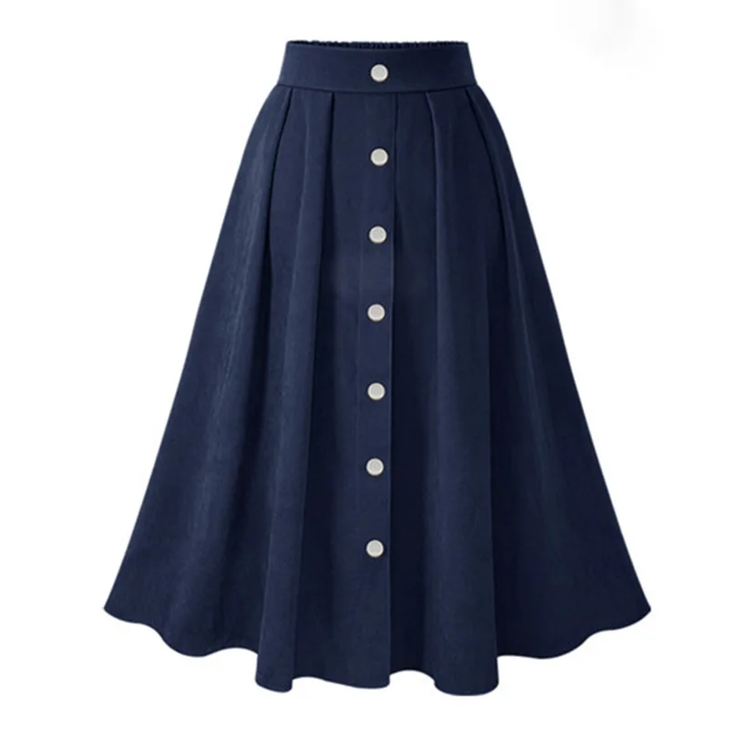 Button women midi skirt new vintage a line high waist pleated skirt fashion retro solid spring summer ladies skirt 2020 CDR1665 (2)