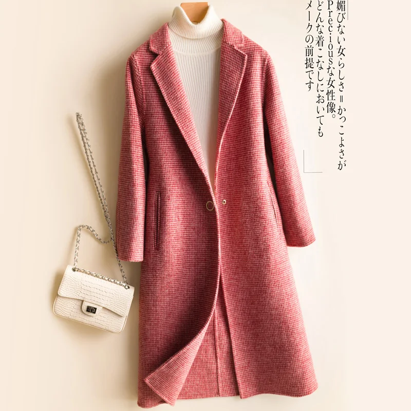 Осеннее модное длинное шерстяное пальто для женщин, высокое качество, Хаундстут, двухсторонняя кашемировая куртка из чистой шерсти, женская тонкая верхняя одежда