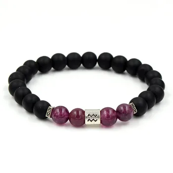 

8MM Natural Matt Black Onyx Bracelet Alloy Aquarius Charm Bracelet Purple Crystal Healing Energy Yoga Bracelet Wholesale