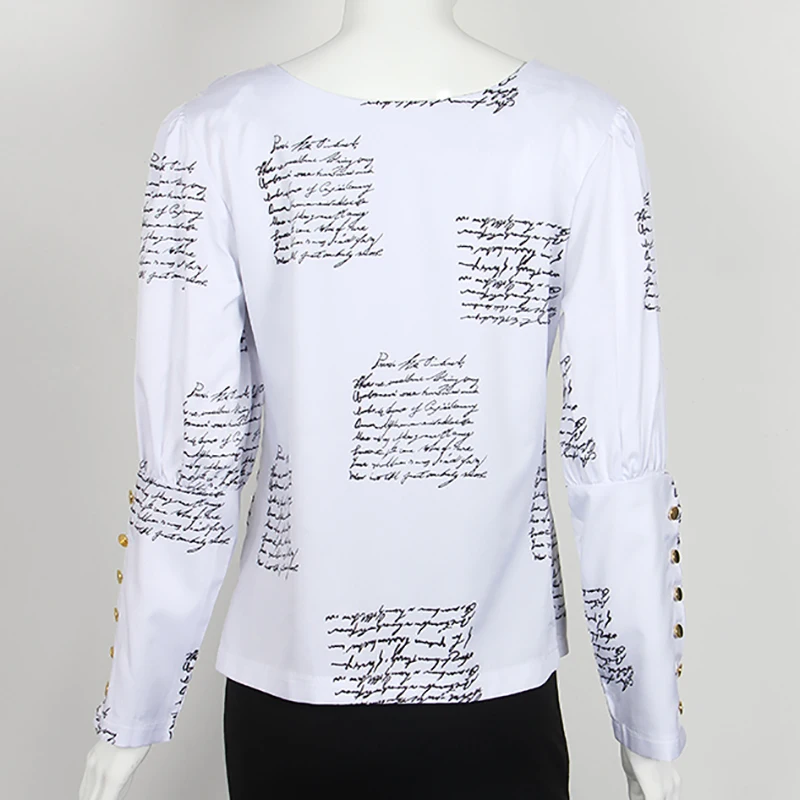 Пуговицы рубашки с буфами на рукавах буквы ананас с цепью Печатный Топ женские осенние белые блузки с длинным рукавом Весенние блузки оверсайз 3XL