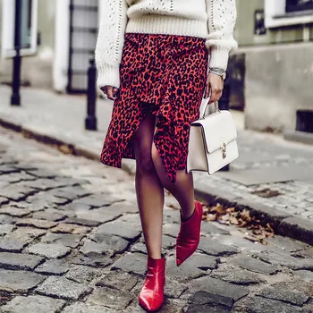 

Women's Medium Skirt Red Leopard Irregular High Waisted Skirts
