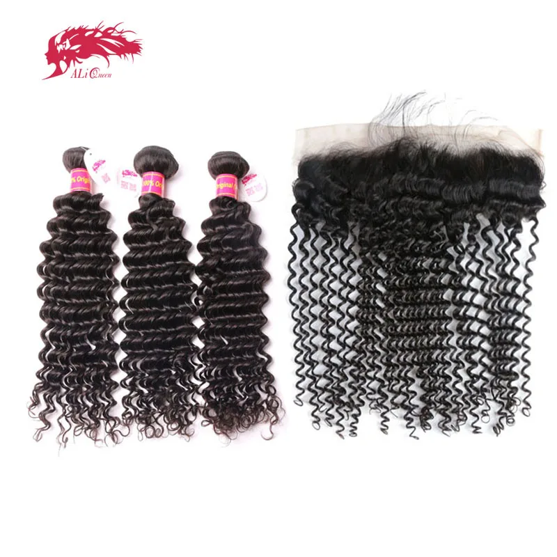 Pacotes de Cabelo Humano com Laço Rainha Cabelo 4 Pçs Onda Profunda Brasileiro Virgem Frontal Cor Natural Pre-plucked13x4 Laço Ali 3 - 3 Cheap Pacotes com 34 com fecho