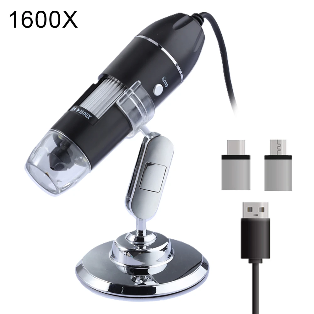 Oddalsail-US 8 LED Digital Microscope Three in One USB Endoscope Camera Microscopio 1600X Stereo Electronic Magnifier Plug and Play Black 
