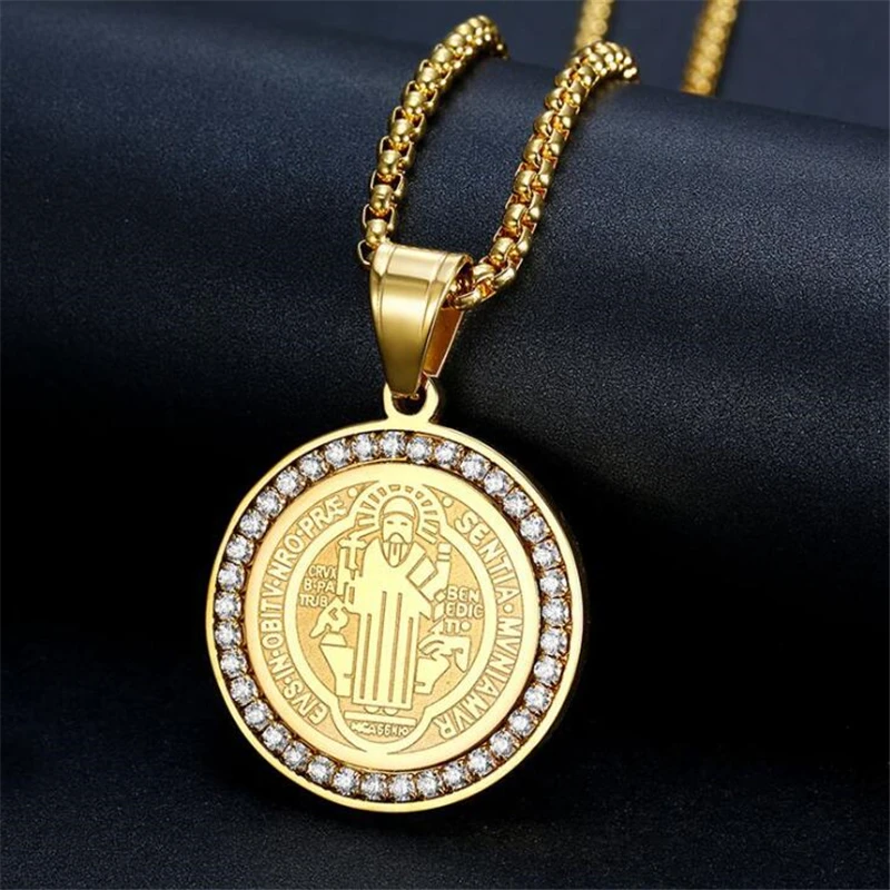 Classic Catholic Gold Plated Saint Benedict Medal Pendant Necklace Men's Religious Style Amulet Jewelry | Украшения и