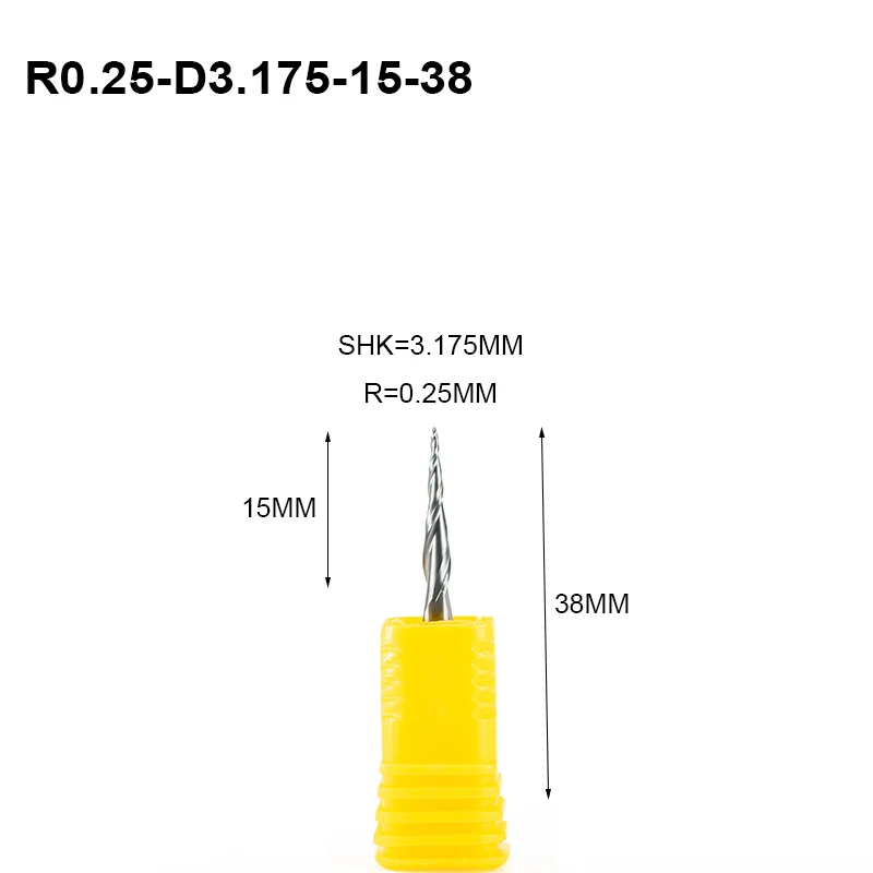 

10pcs R0.25*D3.175*15*38L*2F HRC55 Tungsten solid carbide Coated Tapered Taper Ball Nose End Mill cone type cnc milling cutter