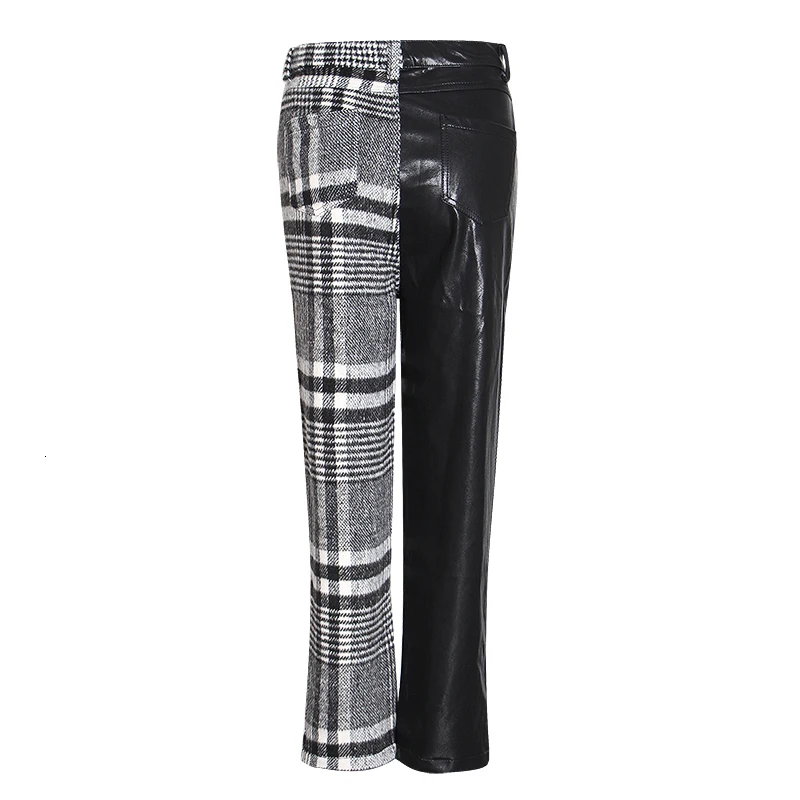 CHICEVER Лоскутные женские клетчатые брюки из искусственной кожи с высокой талией, популярные цвета, асимметричные Лоскутные осенне-зимние женские брюки, тренд