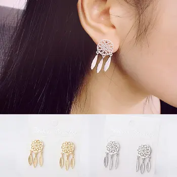 

New Style Bohemian Style Silver-plated Dreamcatcher Feather Ear Stud Women's Indian Water Droplet Tassel Earring