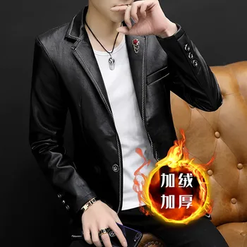 

Men's Leather Jacket 2019 New Male Slim Fashion Suit Jacket Men's Korean Autumn and Winter Plus Velvet Leather Jacket