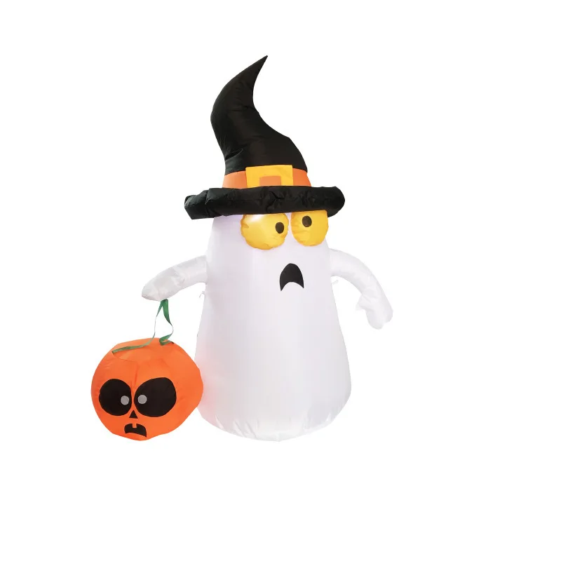 120CM 4 Foot Inflatable Ghost With Witch Hat Holding Pumpkin Bag Halloween LED Illuminate Toys Indoor Outdoor Yard Decorations 2