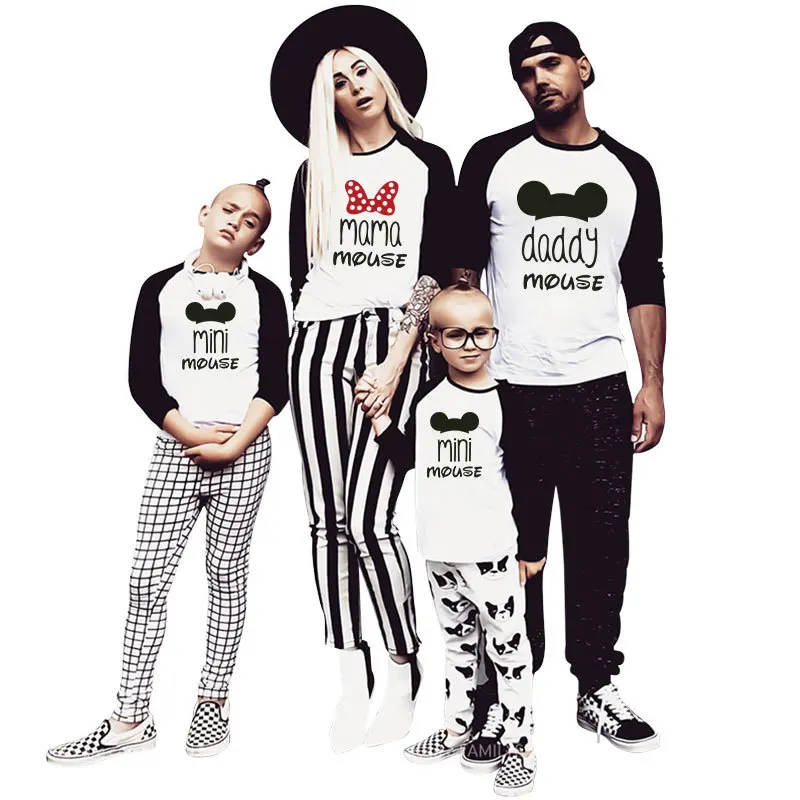 

Family Matching Clothes Mommy And Me Long T-shirt Baseball Tees Mother Daughter Outfits Father Son Look Patchwork Mickey Minnie