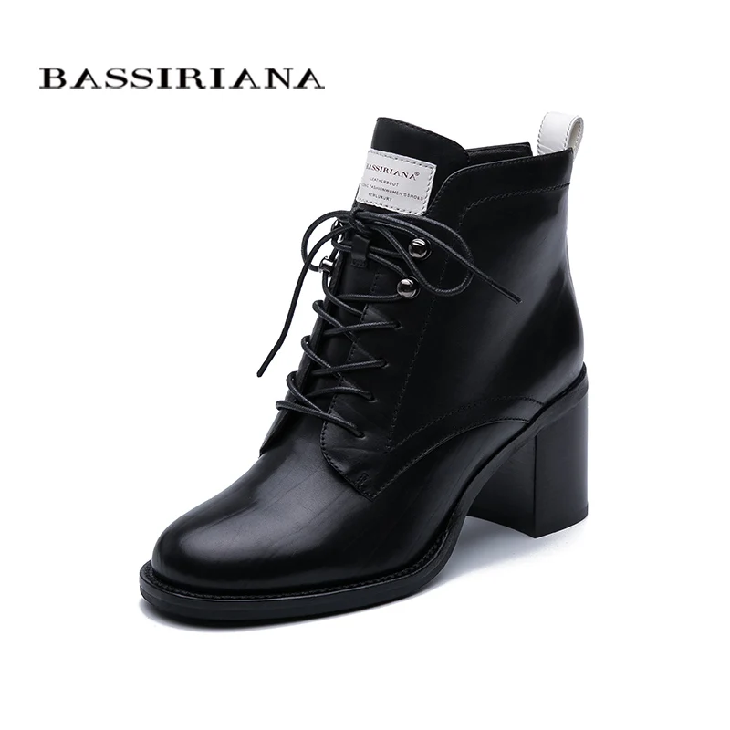 

Bassiriana 2019 winter new black leather real hair warm women's and ankle boots round head high heels laces