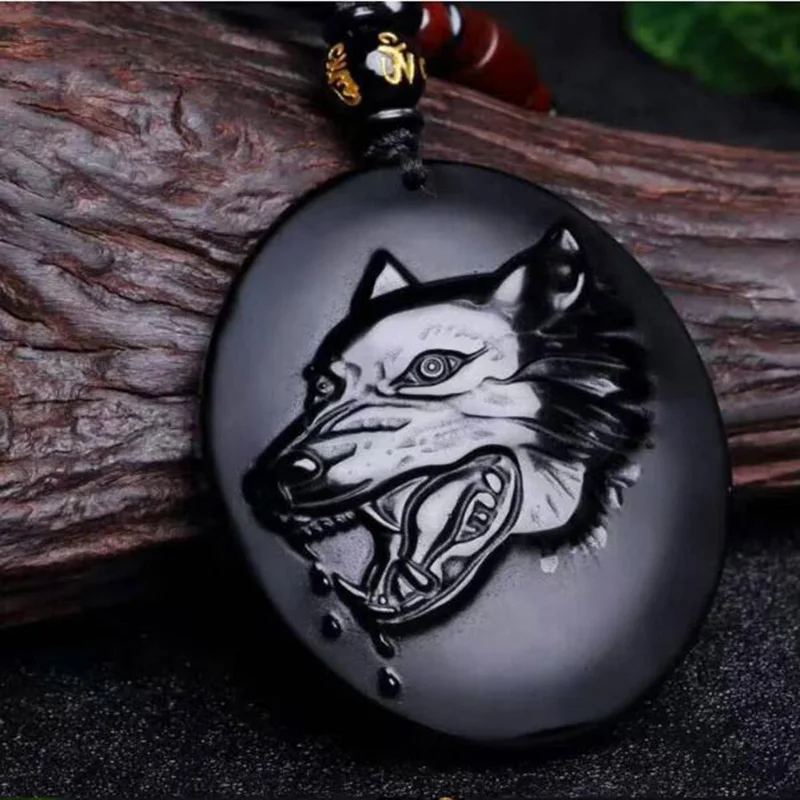 

Natural Obsidian Wolf head Pendant Jewelry Lucky to ward off Evil Auspicious Amulet Necklace Pendant Jade Fine Jewelry