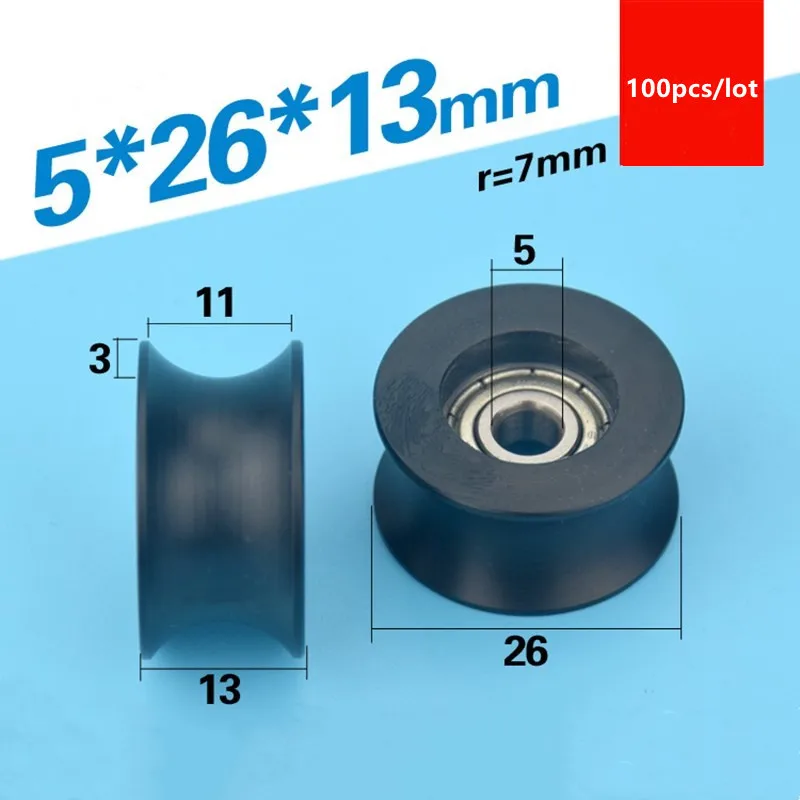 

100pcs U groove Plastic coated bearing 625ZZ 5*26*13mm POM roller wheel track guide nylon wrapped pulley Bore 5mm Diameter 26mm