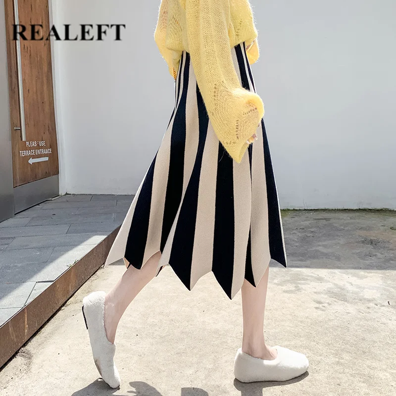 

REALEFT Autumn Winter Women Striped Woolen Warm Long Skirts High Waist A-Line Mid-Calf Skirts Female 2019 New Arrival
