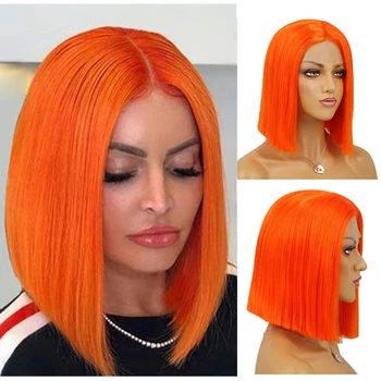 

AIMEYA Orange Short Hair Wigs Middle Part Synthetic Straight Bob Lace Front Wigs for Women Heat Resistant Fiber Hair Wigs