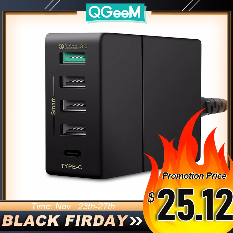 QGeeM USB Charger 5 Ports QC3.0 Type-C Quick