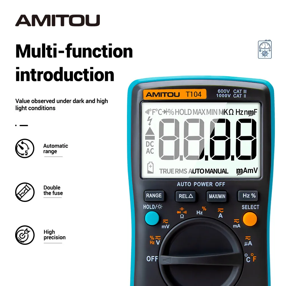 AMITOU T104 мультиметр мини авто мультимер цифровой вольтметр транзистор мультиметры
