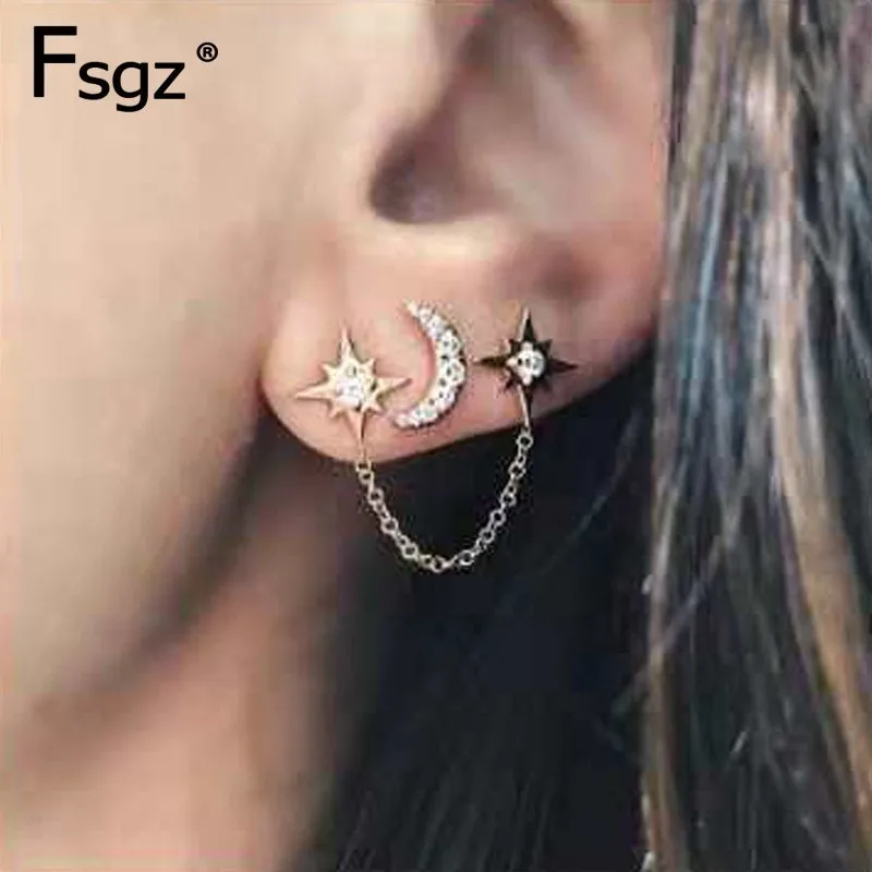 

Chain Earring For Lady Earrings For Women Fashion Jewelry Double Sided Gold Ears Stuck Crystal Spark Star Moon Earring Piercing
