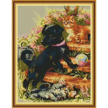 

Joy Sunday Cross Stitch Pattern Black Dog And Cat Handmade Cross Stitch Canvas Printed Embroidery Needlework Kit Home Decoration