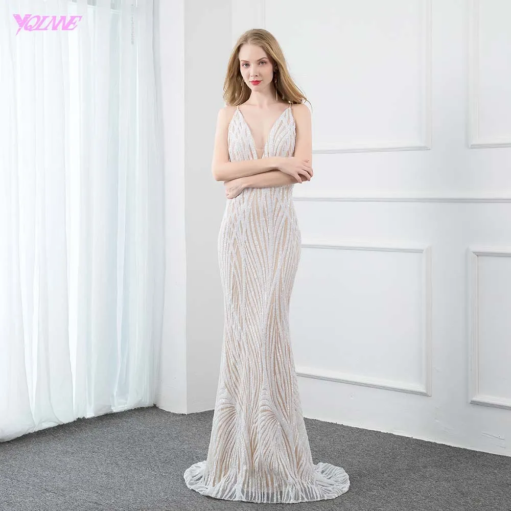 Fashion V Neck Sequined Evening Dresses Long Backless Mermaid Evening Gown Backless Real Photos - Цвет: Слоновая кость