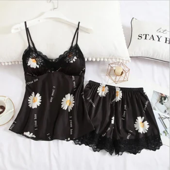 

Summer sexy ick silk female spaghetti strap sleep wear fashion black print girls backless nightwear cool short pants casual wear
