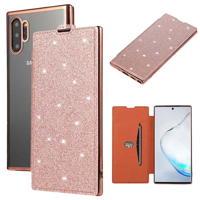 Кожаный чехол книжка с блестками для Samsung Note 10 Plus S10 S9 S8 прозрачный бумажник