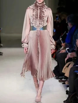 

Runway Fashion Autumn Women Dress Long Sleeve Ruffled Pink Dress Ruffles Pleated Elegant Party Holiday Dress Vestidos