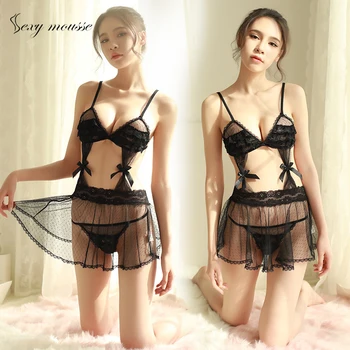 

Sexy mousse Piece pajamas for woman lace sloth short skirt silk underwear Europe and America perspective wear ladies sleepwear