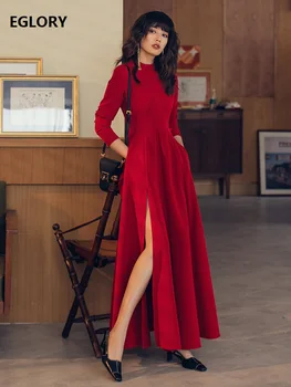 

Red Long Dress 2020 Spring Fashion Party Evening Women Stand Neck Pockets Patchwork Sexy High Split Long Sleeve Maxi Dress Club
